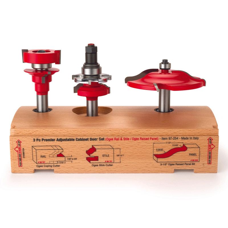 97-254 Adjustable Rail And Stile 3-Pc Door Router Bit Set Ogee Panel Ogee Rail 1/2" Shank